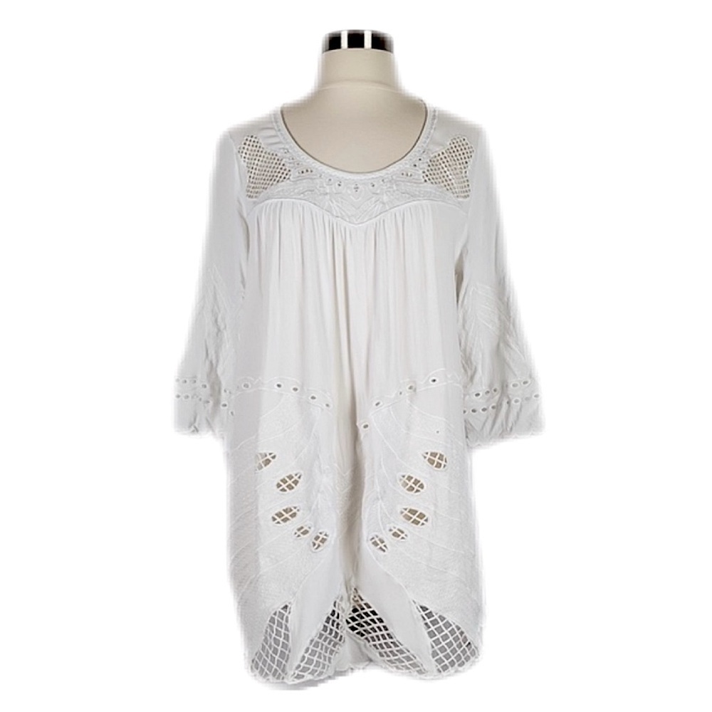 Vintage White Doily Eyelet Laser Cut Longline Boho Coastal Tunic Blouse M